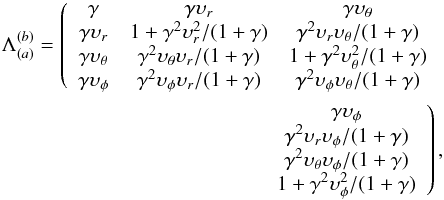 \begin{eqnarray} \label{matrix2}\Lambda_{(a)}^{(b)}= \left(\begin{array}{ccc} \gamma & \gamma\upsilon_r & \gamma\upsilon_\theta \\ \gamma\upsilon_r & 1+\gamma^2\upsilon^2_r/(1+\gamma) & \gamma^2\upsilon_r\upsilon_\theta/(1+\gamma)\\ \gamma\upsilon_\theta & \gamma^2\upsilon_\theta\upsilon_r/(1+\gamma) & 1+\gamma^2\upsilon_\theta^2/(1+\gamma) \\ \gamma\upsilon_\phi & \gamma^2\upsilon_\phi\upsilon_r/(1+\gamma) & \gamma^2\upsilon_\phi\upsilon_\theta/(1+\gamma) \end{array}\right. \nonumber \\ \left.\begin{array}{cc} &\gamma\upsilon_\phi\\ &\gamma^2\upsilon_r\upsilon_\phi/(1+\gamma)\\ &\gamma^2\upsilon_\theta\upsilon_\phi/(1+\gamma)\\ &1+\gamma^2\upsilon_\phi^2/(1+\gamma) \end{array}\right), \end{eqnarray}