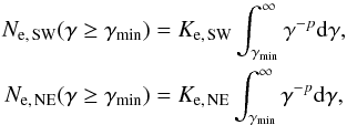 \begin{eqnarray} N_{\mathrm{e,\,SW}}(\gamma \ge \gamma_{\mathrm{min}}) & =& K_{\mathrm{e,\,SW}} \int_{\gamma_{\mathrm{min}}}^\infty \gamma^{-p} {\rm d}\gamma, \nonumber \\ N_{\mathrm{e,\,NE}}(\gamma \ge \gamma_{\mathrm{min}}) & =& K_{\mathrm{e,\,NE}} \int_{\gamma_{\mathrm{min}}}^\infty \gamma^{-p} {\rm d}\gamma, \end{eqnarray}