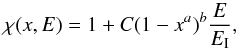 \begin{equation} \centering \chi(x, E) = 1 + C(1-x^{a})^{b} \frac{E}{E_{\rm I}}, \label{eq:totalioniz} \end{equation}