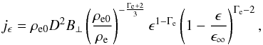 \begin{equation} j_\epsilon = \rho_{\rm e0} D^2 B_\bot \left(\frac{\rho_{\rm e0}}{\rho_{\rm e}}\right)^{-\frac{\Gamma_{\rm e}+2}{3}} \epsilon^{1-\Gamma_{\rm e}} \left(1-\frac{\epsilon}{\epsilon_{\infty}}\right)^{\Gamma_{\rm e}-2}, \end{equation}
