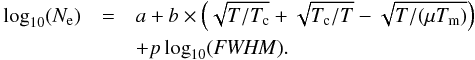 \begin{eqnarray} \label{EQ7} \log_{10}(N_{\rm e}) &=& a + b\times\left( \sqrt{T/T_{\rm c}} +\sqrt{T_{\rm c}/T} - \sqrt{T/(\mu T_{\rm m})} \right) \nonumber\\& & +p\log_{10}({\it FWHM}). \end{eqnarray}