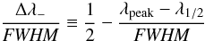 $$ \frac{\displaystyle\Delta\lambda_{-}}{{\it FWHM}} \equiv\frac{1}{2} - \frac{\lambda_\mathrm{peak}-\lambda_{1/2}}{{\it FWHM}} $$