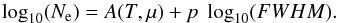 \begin{equation} \label{EQ5} \log_{10}(N_{\rm e}) = A(T,\mu) + p\;\log_{10}(FWHM). \end{equation}