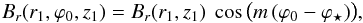 \begin{equation} \label{eq_B1_z1_spiral} B_r(r_1,\varphi_0,z_1) = B_r(r_1,z_1) \ \cos \big( m \, (\varphi_0 - \varphi_\star) \big) , \end{equation}