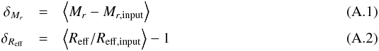 \appendix \setcounter{section}{1} \begin{eqnarray} \delta_{{M_{r}}} & = & \left< {M_{r} - M_{r,\rm input}} \right>\\ \delta_{{R_{\rm eff}}} & = & \left< {R_{\rm eff} / R_{\rm eff,input}} \right>-1 \end{eqnarray}