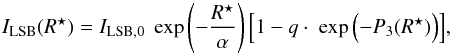 \begin{equation} \label{flattening} {I_{\rm{LSB}}(R^{\star}) = I_{\rm{LSB,0}} \; \exp \left( -\frac{R^{\star}}{\alpha} \right) \left[ 1 - q \cdot \; \exp \left( -P_3(R^{\star})\right) \right] }, \end{equation}