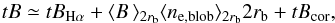 \begin{equation} tB\simeq tB_{\rm H\alpha}+\langle B\,\rangle_{2r_{\rm b}}\langle\,\!n_{\rm e,blob}\,\!\rangle_{2r_{\rm b}}2r_{\rm b}+tB_{\rm cor}, \label{total3} \end{equation}