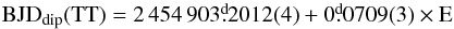 \begin{equation} \label{eq:ephem} \mathrm{BJD}_\mathrm{dip}(\mathrm{TT}) = 2\,454\,903\fd2012(4) + 0\fd0709(3) \times\rm E \end{equation}