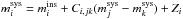 \hbox{$m_{i}^{\mathrm{sys}}=m_{i}^{\mathrm{ins}}+C_{i,jk} (m_{j}^{\mathrm{sys}}-m_{k}^{\mathrm{sys}})+Z_{i}$}