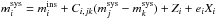 \hbox{$m_{i}^{\mathrm{sys}}=m_{i}^{\mathrm{ins}}+C_{i,jk} (m_{j}^{\mathrm{sys}}-m_{k}^{\mathrm{sys}})+Z_{i}+e_{i} X_{i}$}
