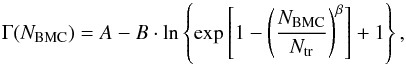 \begin{equation} \label{eq:fit} \Gamma(N_{\rm BMC})=A-B\cdot \ln\left\{ \exp\left[1-\left(\frac{N_{\rm BMC}}{N_{\rm tr}}\right)^{\beta}\right]+1\right\}, \end{equation}