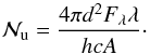 \begin{equation} \label{rot1} \mathcal{N}_\mathrm{u}=\frac{4\pi d^{2}F_{\lambda}\lambda}{hcA}\cdot \end{equation}