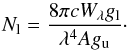 \begin{equation} \label{rot2} N_\mathrm{l}=\frac{8\pi c W_{\lambda} g_\mathrm{l}}{\lambda^{4} A g_\mathrm{u}}\cdot \end{equation}