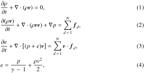 \begin{eqnarray} &&\frac{ \partial \rho}{\partial t} + \nabla \cdot (\rho \boldsymbol{v}) = 0,\\ \label{momentum}&&\frac{ \partial (\rho \boldsymbol{v})}{\partial t} + \nabla \cdot (\rho \boldsymbol{v} \boldsymbol{v}) + \nabla p = \sum_{d\,=\,1}^{N} \boldsymbol{f}_d, \\ \label{energy}&&\frac{ \partial e }{\partial t} + \nabla \cdot \left[ (p+e) \boldsymbol{v} \right] = \sum_{d\,=\,1}^{N} \boldsymbol{v} \cdot\boldsymbol{f}_d, \\ \label{eq:energy}&& e = \frac{p}{\gamma\, -\, 1} + \frac{\rho v^2}{2}, \end{eqnarray}