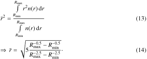 \begin{eqnarray} &&\bar{r}^2 = \frac{\int\limits_{R_{\rm min}}^{R_{\rm max}}r^2 n(r) \,\mathrm{d}r}{ \int\limits_{R_{\rm min}}^{R_{\rm max}} n(r) \,\mathrm{d}r} \\ &&\Rightarrow \, \bar{r} = \sqrt{ 5 \frac{R_{\rm max}^{-0.5} - R_{\rm min}^{-0.5} }{ R_{\rm max}^{-2.5} - R_{\rm min}^{-2.5}}}\cdot \end{eqnarray}