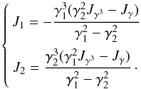 \begin{equation} \left\{ % \begin{aligned} \Ja=-\frac{\Ga^{3}(\Gb^{2}\JGb-\JG)}{\Ga^{2}-\Gb^{2}}\\ \Jb=\frac{\Gb^{3}(\Ga^{2}\JGb-\JG)}{\Ga^{2}-\Gb^{2}}\cdot \label{eq::JG2J} \end{aligned} % \right. \end{equation}