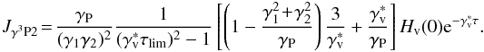\begin{equation} J_{\rm \gamma^{3} P2}\!=\!\frac{\Gp}{(\Ga\Gb)^{2}}\frac{1}{(\Gv^*\tau_{\rm lim})^{2}-1}\left[\left(1-\frac{\Ga^{2}\!+\!\Gb^{2}}{\Gp}\right)\frac{3}{\Gv^*}+\frac{\Gv^*}{\Gp}\right]\Hv(0){\rm e}^{-\Gv^*\tau} . \end{equation}