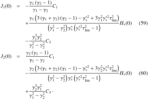 \begin{eqnarray} \Ja(0)&=&-\frac{\Ga\left(\Gb-1\right)}{\Ga-\Gb}\Ca\notag\\ &&+\frac{\Ga\left(3\left(\Ga+\Gb\right)\left(\Gb-1\right)-\Gv^{*2}+3\Ga^{2}\Gv^{*2}\taulim^{2}\right)}{\left(\Ga^{2}-\Gb^{2}\right)\Gv^*\left(\Gv^{*2}\taulim^{2}-1\right)}\Hv(0)\quad\quad\quad\\ && -\frac{\Ga^{3}\Gb^{2}}{\Ga^{2}-\Gb^{2}}\Cc\notag \\ \Jb(0)&=&\frac{\Gb\left(\Ga-1\right)}{\Ga-\Gb}\Ca\notag\\ &&-\frac{\Gb\left(3\left(\Ga+\Gb\right)\left(\Ga-1\right)-\Gv^{*2}+3\Gb^{2}\Gv^{*2}\taulim^{2}\right)}{\left(\Ga^{2}-\Gb^{2}\right)\Gv^*\left(\Gv^{*2}\taulim^{2}-1\right)}\Hv(0)\quad\quad\quad\\ &&+\frac{\Gb^{3}\Ga^{2}}{\Ga^{2}-\Gb^{2}}\Cc\cdot\notag \end{eqnarray}