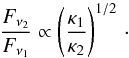 \begin{equation} \frac{F_{\nu_{\rm 2}}}{F_{\nu_{\rm 1}}}\propto\left(\frac{\Ka}{\Kb}\right)^{1/2}\cdot \label{eq::FluxOut} \end{equation}