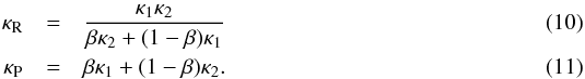 \begin{eqnarray} \Kr&=&\frac{\Ka\Kb}{\beta\Kb+(1-\beta)\Ka} \\ \Kp&=&\beta\Ka+(1-\beta)\Kb . \end{eqnarray}