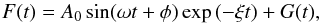 \begin{equation} \label{eq:fit} F(t)=A_{0} \sin(\omega t+\phi) \exp{(-\xi t)}+G(t), \end{equation}