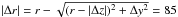 \hbox{$|\Delta r| = r - \sqrt{(r-|\Delta z|)^2+\Delta y^2} = 85$}
