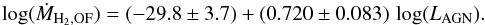 \begin{equation} {\log(\dot{M}_{\rm H_2, OF})=(-29.8 \pm 3.7) + (0.720 \pm 0.083)\,\log(L_{\rm AGN})}. \end{equation}