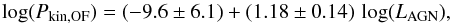 \begin{equation} {\log(P_{\rm kin, OF})=(-9.6 \pm 6.1) + (1.18 \pm 0.14)\,\log(L_{\rm AGN})}, \end{equation}