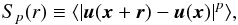 \begin{equation} S_{p}(r) \equiv \langle | {\boldsymbol u}({\boldsymbol x} + {\boldsymbol r}) - {\boldsymbol u}({\boldsymbol x}) |^{p} \rangle, \label{eq:struc_func_def} \end{equation}