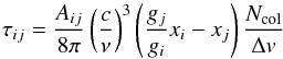 \begin{equation} \tau_{ij} = \frac{A_{ij}}{8\pi}\left(\frac{c}{\nu}\right)^3\left(\frac{g_j}{g_i}x_i - x_j\right)\frac{N_{\rm col}}{\Delta v} \label{eq:tau} \end{equation}