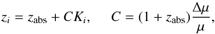 \begin{equation} z_i = z_{\rm abs} + C K_i, ~~~~~ C = (1+z_{\rm abs})\frac{\Delta\mu}{\mu}, \label{eq_dm_a} \end{equation}