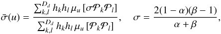 \begin{equation} \label{eq:SigmaExpans}\bar{\sigma}(u)=\frac{ \sum_{k,l}^{D_d}h_k h_l\,\mu_u\sq{\sigma\p_k\p_l}}{\sum_{k,l}^{D_d}h_k h_l\,\mu_u\sq{\p_k\p_l}},\quad \sigma=\frac{2(1-\alpha)(\beta-1)}{\alpha+\beta}, \end{equation}