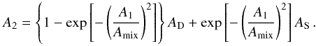 \begin{equation} A_2 = \left\{1-\exp \left[-\left(\frac{A_1}{A_\mathrm{mix}}\right)^2\right]\right\} A_\mathrm{D} + \exp \left[-\left(\frac{A_1}{A_\mathrm{mix}}\right)^2 \right] A_\mathrm{S}\,. \end{equation}