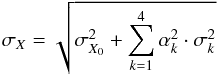 \appendix \setcounter{section}{2} \begin{equation} \sigma_{X} = \sqrt{ \sigma_{X_0}^2 + \sum_{k=1}^{4}\alpha_{k}^{2}\cdot\sigma_{k}^{2}} \end{equation}