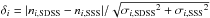 \hbox{$\delta_i=|n_{i,{\rm SDSS}}-n_{i,{\rm SSS}}|/\sqrt{{\sigma_{i, {\rm SDSS}}}^2+{\sigma_{i,{\rm SSS}}}^2}$}
