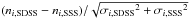 \hbox{$(n_{i,{\rm SDSS}}-n_{i,{\rm SSS}})/\sqrt{{\sigma_{i, {\rm SDSS}}}^2+{\sigma_{i,{\rm SSS}}}^2}$}