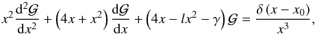\begin{equation} x^{2}\frac{{\rm d}^{2}\mathcal G}{{\rm d}x^{2}}+\left(4x+x^{2}\right)\frac{{\rm d}\mathcal G}{{\rm d}x} + \left(4x-lx^{2}-\gamma \right)\mathcal G=\frac{\delta\left(x-x_{0}\right)}{x^{3}}, \label{startingpoint} \end{equation}