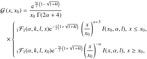 \begin{eqnarray} &&{\mathcal G}\left(x, x_0\right) = \frac{{\rm e}^{\frac{x_0}{2}\left(1-\sqrt{1+4l}\right)}}{x_0~\Gamma (2\alpha+4)} \nonumber\\ &&\quad \times \left\{ \begin{aligned} &_1\mathcal F_1(\alpha,k,l,x){{\rm e}^{-\frac{x}{2}\left(1+\sqrt{1+4l}\right)}}~\left(\frac{x } {x_0} \right)^{\alpha +3}I(x_0,\alpha,l), \, x \le x_0, \\[2mm] &_1\mathcal F_1(\alpha,k,l,x_0){{\rm e}^{-\frac{x_0}{2}\left(1+\sqrt{1+4l}\right)}}\left(\frac{x}{x_0} \right)^{-\alpha} I(x,\alpha,l), \, x \ge x_0 , \label{eqn:Gfunc} \end{aligned} \right. \end{eqnarray}
