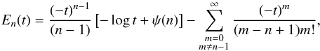 \begin{equation} E_n(t)=\frac{(-t)^{n-1}}{(n-1)}\left[-\log t+\psi(n)\right]-\sum_{\substack{m=0\\m\neq n-1}}^{\infty}\frac{(-t)^m}{(m-n+1)m!}, \label{expint_series} \end{equation}