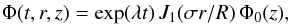 \begin{eqnarray} \Phi(t,r,z) = \exp (\lambda t)\, J_1(\sigma r / R) \, \Phi_0(z), \label{C7} \end{eqnarray}