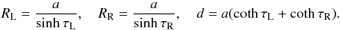 \begin{equation} \label{bicyrelations} R_{\textrm{L}} = \frac{a}{\sinh \tau_{\textrm{L}}}, \quad R_{\textrm{R}} = \frac{a}{\sinh \tau_{\textrm{R}}}, \quad d = a(\coth \tau_{\textrm{L}} + \coth \tau_{\textrm{R}}). \end{equation}
