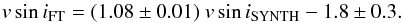 \begin{equation} \ensuremath{v\sin i}_\mathrm{FT} = (1.08\pm0.01)~\ensuremath{v\sin i}_\mathrm{SYNTH} - 1.8\pm0.3. \end{equation}