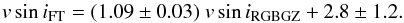\begin{equation} \ensuremath{v\sin i}_\mathrm{FT} = (1.09\pm0.03)~\ensuremath{v\sin i}_\mathrm{RGBGZ} + 2.8\pm1.2. \end{equation}