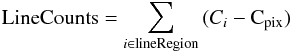 \begin{equation} {\rm LineCounts}=\sum_{i \in {\rm lineRegion}}{(C_i-{\rm C_{\rm pix}})} \end{equation}