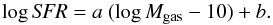 \begin{equation} \log {\it SFR} = a ~(\log M_{\rm gas}-10) + b . \label{eq:sklaw} \end{equation}