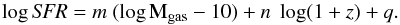 \begin{equation} \log {\it SFR} = m ~(\log {\rm M_{\rm gas}-10}) + n ~\log (1+z) + q . \label{eq:sklaw_zdep} \end{equation}