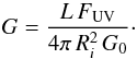 \begin{equation} G=\frac{L \, F_{\rm UV}}{4\pi\,R_i^2\,G_0}\cdot \end{equation}