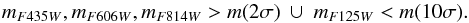 \begin{equation} \centering m_{F435W},m_{F606W}, m_{F814W}>m(2\sigma) \text{ } \cup \text{ } m_{F125W}<m(10\sigma). \end{equation}