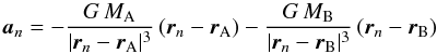 \appendix \setcounter{section}{1} \begin{equation} \vec a_n = - \frac{G \, M_{\rm A}}{|\vec r_n - \vec r_{\rm A}|^3 } \, (\vec r_n - \vec r_{\rm A}) - \frac{G \, M_{\rm B}}{|\vec r_n - \vec r_{\rm B}|^3 } \, (\vec r_n - \vec r_{\rm B}) \label{ourgrainmotion} \end{equation}