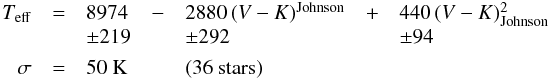 \appendix \setcounter{section}{1} \begin{eqnarray*} \begin{array}{rclclcl} T_{\rm eff} & = & 8974 & - & 2880\,(V-K)^{\rm Johnson} & + & 440\,(V-K)_{\rm Johnson}^{\rm 2} \\ & & \pm 219 & & \pm 292 & & \pm 94 \\[0.15cm] \sigma & = & 50~{\rm K} & & ({\rm 36~stars}) & & \end{array} \end{eqnarray*}